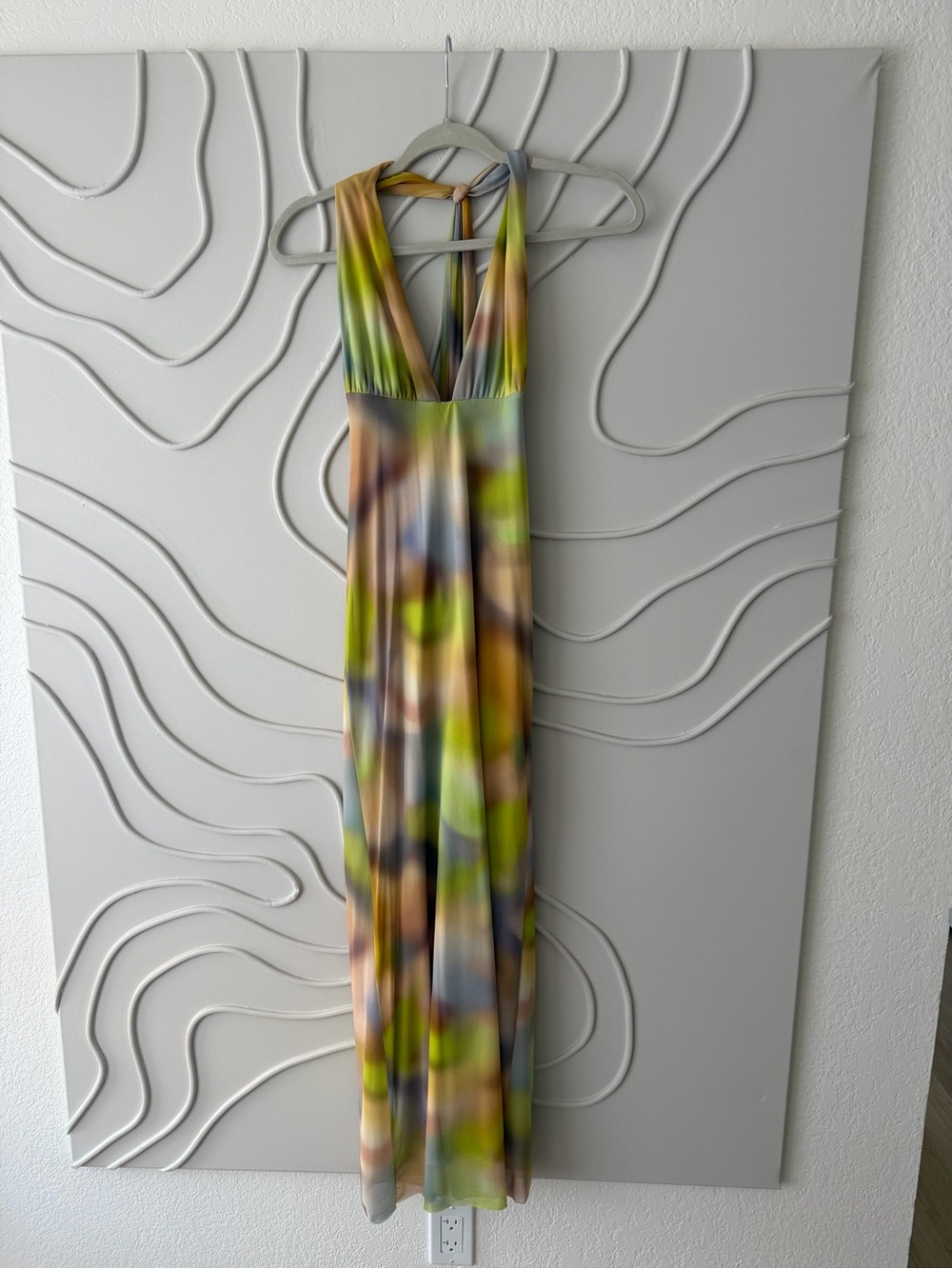 Zara Halter Maxi Dress in Green, Brown & Blue Abstract Print
